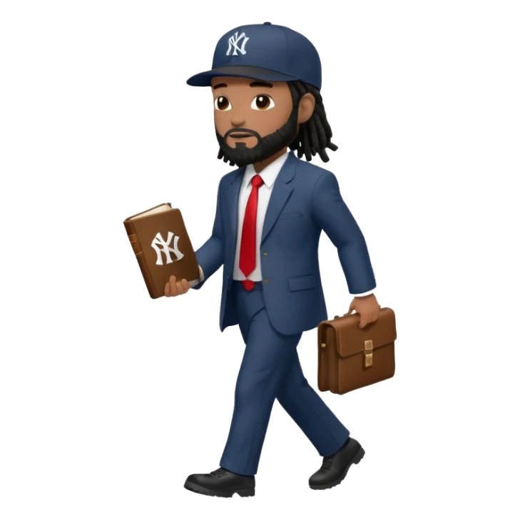 African American man with shoulder length black dreadlocks with black beard wearing a New York Yankees logo baseball cap wearing a suit with red tie walking to the right holding a bible sticker