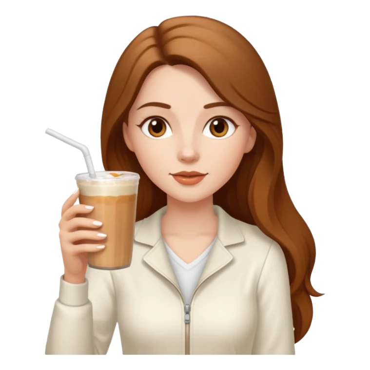 white long haired brunette with brown eyes and a white outfit, drinking a caramel machiatto sticker