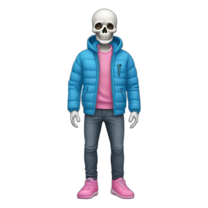 skeleton friendly in a blue winter jacket with pink shoes and without a hood and a grey undershirt sticker