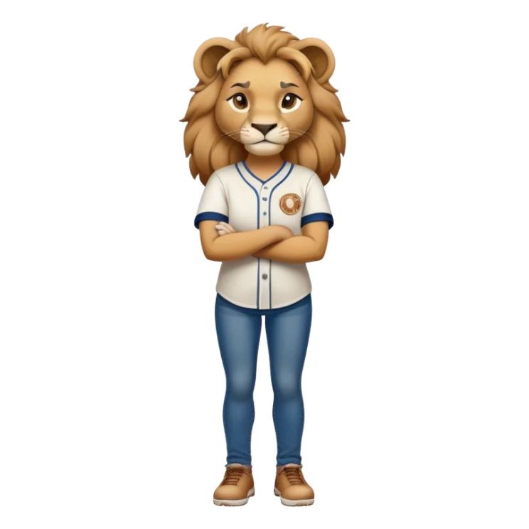 determined anthropomorphised female lion in a baseball shirt and jeans with arms folded, confident stance sticker