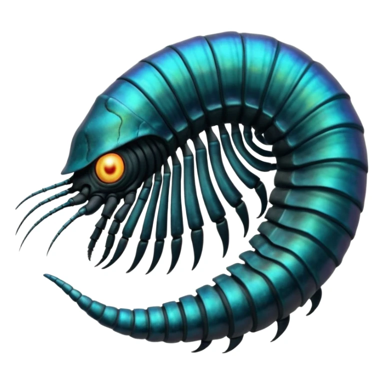 An iridescent, chitinous trilobite with glowing cyan eyes pulses rhythmically as a miniature black hole orbits its brow, distorting space-time. Its fractal-patterned exoskeleton shifts colors unsettlingly, and its mouth opens into a spiraling void that hums with forgotten whispers. sticker