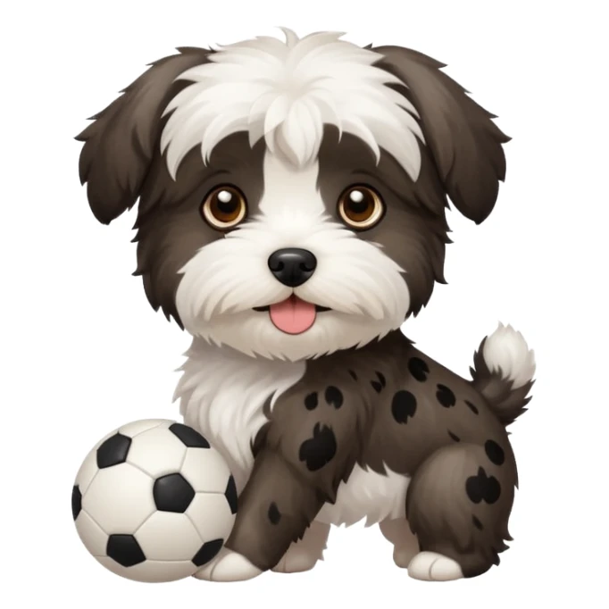 white Havenese with black spots dog standing with small ball sticker