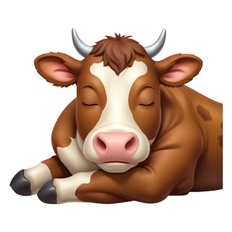Meme-Worthy Cute Sleeping Brown Cow Portrait Emoji, Head resting peacefully with a contented smile, showcasing a robust build and a luxuriously soft deep brown hide, eyes shut in a serene, restful nap, Simplified yet hilariously adorable features, highly detailed, glowing with a soft, drowsy light, high shine, relaxed and utterly lovable, stylized with an air of playful laziness, bright and heartwarming, soft glowing outline, capturing the essence of a comically sleepy cow, so meme-worthy it feels like it could instantly become the next viral sensation of adorable slumber! sticker