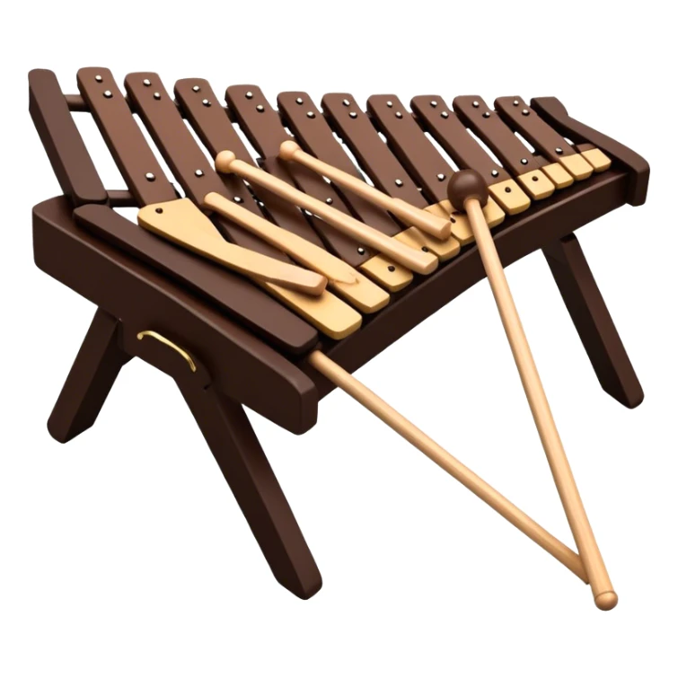 Create a detailed and professional emoji representing a Fleet FLT-SX37 orchestral wooden xylophone. The design should showcase the large, wooden bars of the xylophone arranged in a traditional layout, with a polished, smooth finish. The bars should be dark brown or mahogany, with soft metallic reflections on the resonators underneath. Include two mallets with rubber or wooden heads resting on the bars, emphasizing their role in striking the notes. The xylophone should have a sophisticated and professional appearance, with clean lines and a polished look. Add subtle musical notes or sound waves to represent the vibrant sound produced by the instrument. The background should be transparent. sticker