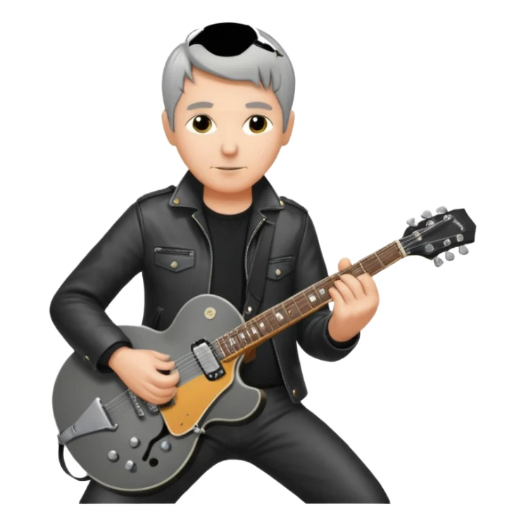 a short grey hair, middle age metal head with black leather, playing a classic epiphone eletric guitar sticker