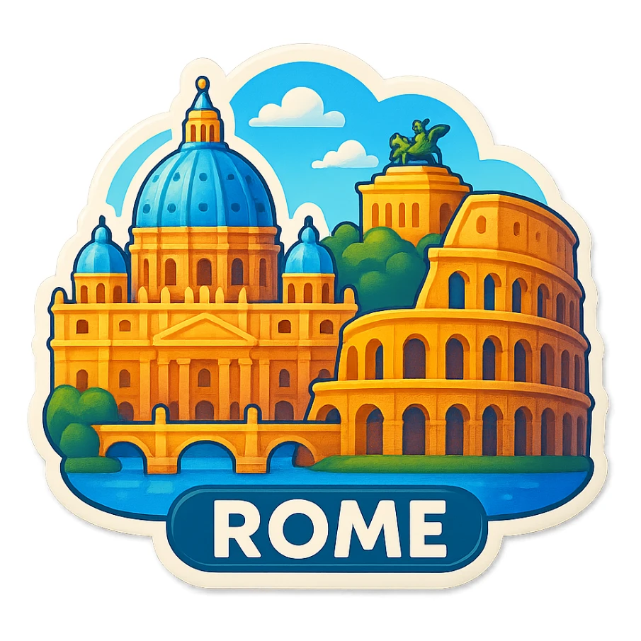 Adjust the coloring of the Rome emoji to be brighter, more true to life, and more daytime-like, removing the orange sunset tint. Keep the skyline, landmarks, lifelike detail, accurate colors, bright lighting, wide city view, and fully transparent background. Do not change anything else. sticker