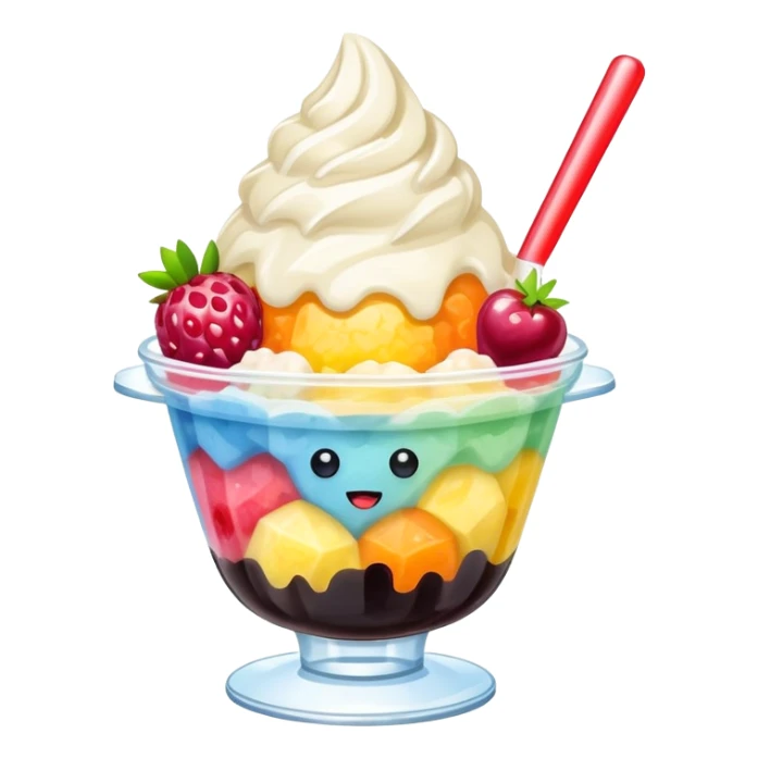 Taiwanese shaved ice dessert with boba, fruit, and condensed milk sticker