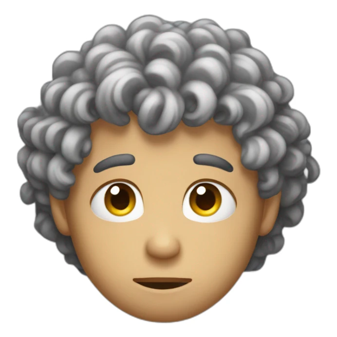 He has curly hair and a sad face sticker