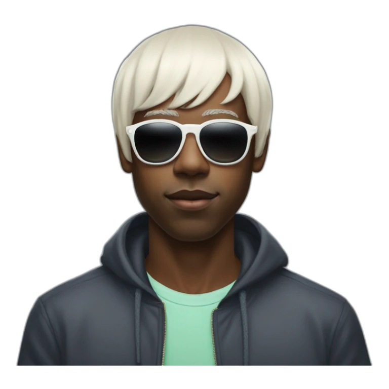 tyler the creator with a short white wig and dark sunglasses looking with a sstraight face sticker