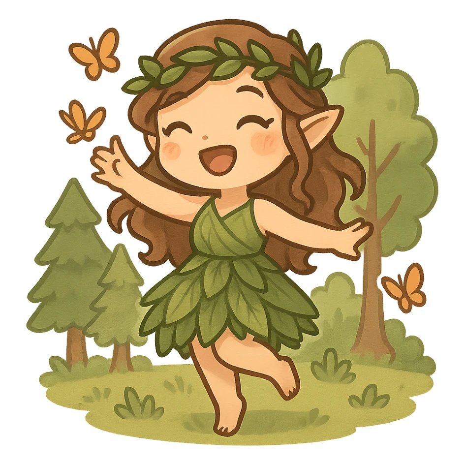 chibi forest nymph, dancing with butterflies, radiant smile, woodland setting sticker