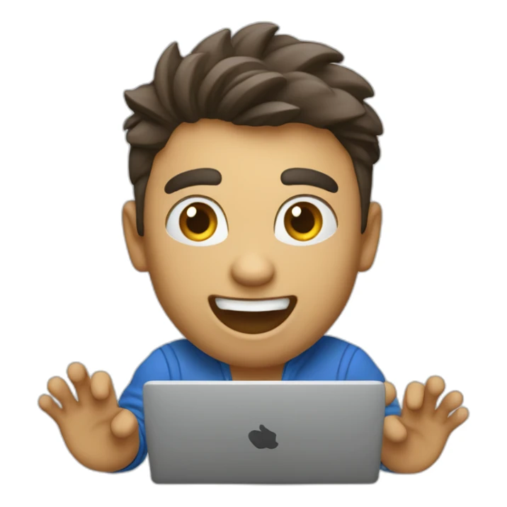 SUPER EXCITED designer with laptop with rasied hand and wohoing sticker