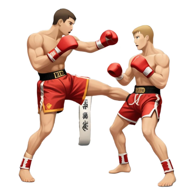 An icon symbolizing kickboxing, featuring two fighters in the midst of an intense match. One throws a powerful roundhouse kick, while the other counters with a punch. The background shows a ring, with ropes and a cheering crowd. Transparent background highlights the action and strength sticker