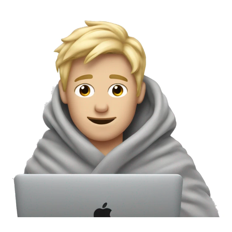 blonde guy snuggled up in cozy grey blanket with MacBook  sticker