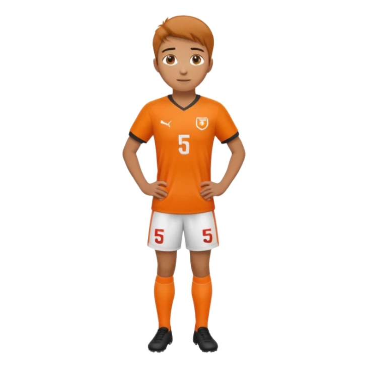 Apple iOS style 22 year old soccer player standing hands on waist, orange jersey #5, stadium lighting sticker