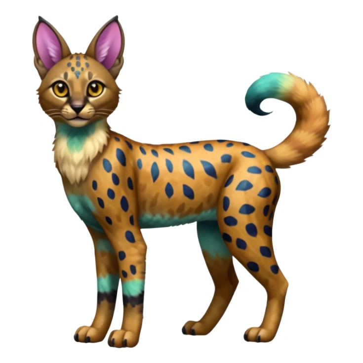 A Colorful iridescent exotic tropical tribal cute happy realistic esoteric patterned fluffy furry dark caracal-Lykoi-bobcat-sphynx-genet-serval-Fakémon-fursona-hybrid-fusion-animal-creature, full body, 4-legged sticker