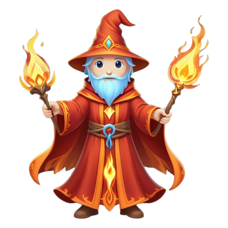 Clash of Clans aesthetic: Cinematic heroic powerful fire Wizard Hero  close up Emoji, rendered in a 3D vector-style similar to standard emojis with minimal shading and bold, simplified shapes. A compact, isometric figure draped in flowing enchanted robes and wielding a mystical staff, softly glowing with an arcane magical charm. Simplified yet unmistakably iconic, highly detailed and consistent, glowing with a soft radiant glow and high shine. Stylized with a touch of whimsical sorcery and a soft glowing outline, capturing the essence of a powerful wizard ready to cast spells with a friendly, playful spirit! sticker