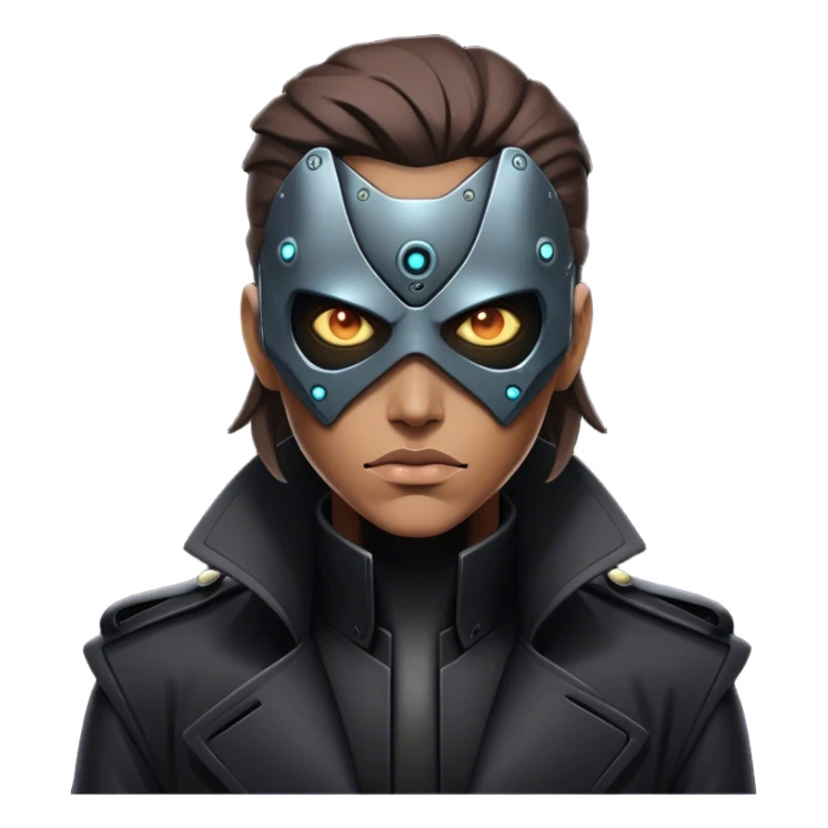 A dystopian bounty hunter, black trench coat, cybernetic eye glowing sticker