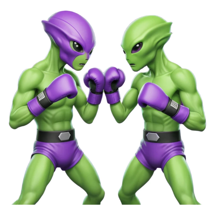 two aliens boxing in a fight stance, facing each other with raised gloves, dynamic action pose, intense expressions, sci-fi arena vibe, 3D cartoon style, mobile game icon style, clean background, no text, no watermark
 sticker