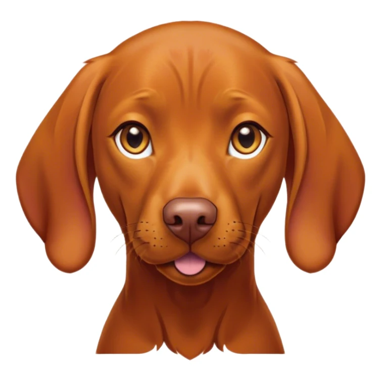 Cinematic Comical Vizsla Portrait Emoji, Head tilted dramatically with an exaggeratedly amused expression, featuring a striking rust and gold Fur with bold accents, wide, expressive amber eyes filled with playful disbelief, Simplified yet hilariously expressive features, highly detailed, glowing with a slightly sassy glow, high shine, dramatic yet playful, stylized with an air of cheeky mischief, bright and endearing, soft glowing outline, capturing the essence of a spirited and over-the-top companion, so meme-worthy it feels like it could side-eye its way into internet fame instantly! sticker