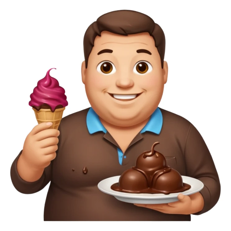 A fat man with a plate of chocolate ice cream sticker