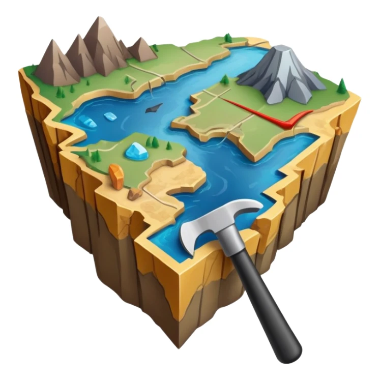 An icon featuring a crowbar and a geological map, and layers of Earth’s crust, symbolizing geology. The design includes mineral samples, fossils, and tectonic plates, representing the study of Earth’s structure and natural processes. Transparent background highlights geological exploration sticker