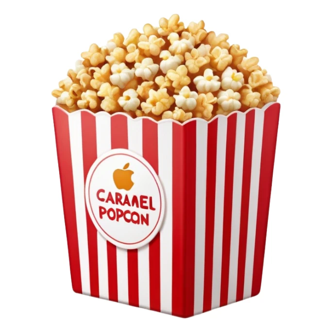flat design caramel popcorn in red and white striped box, minimal details, Apple emoji aesthetic sticker