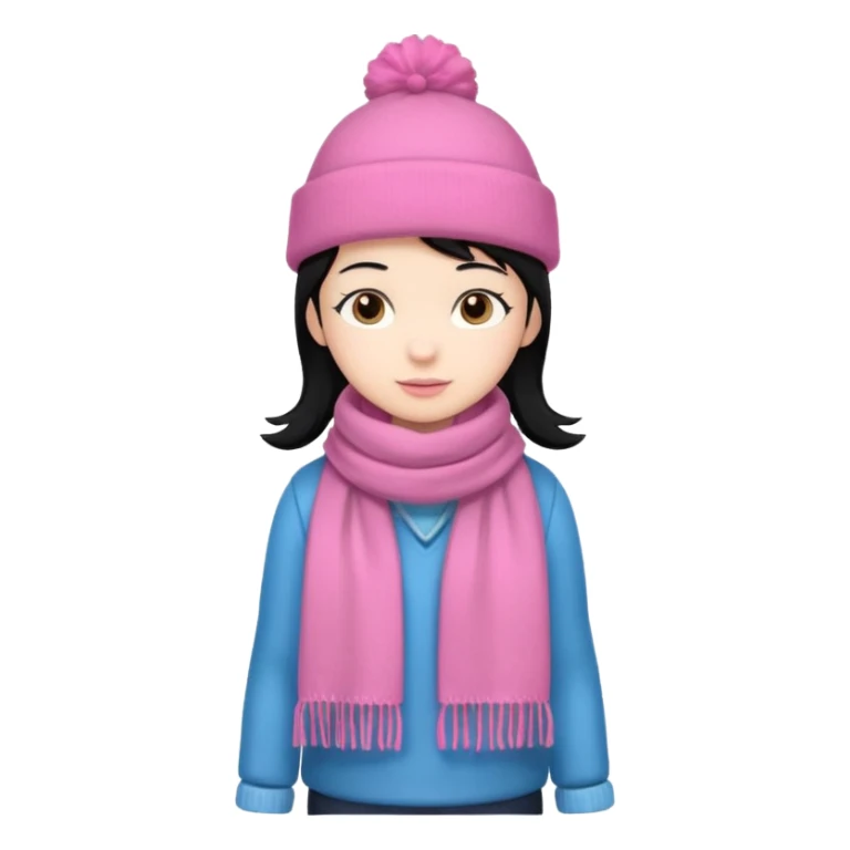 Kid wearing pink hat and scarf, black hair, full body sticker