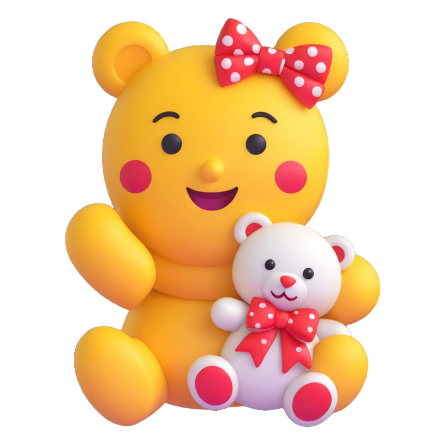3D smiley emoji with big eyelashes, red polka dot bow, winking and holding a plush teddy bear sticker