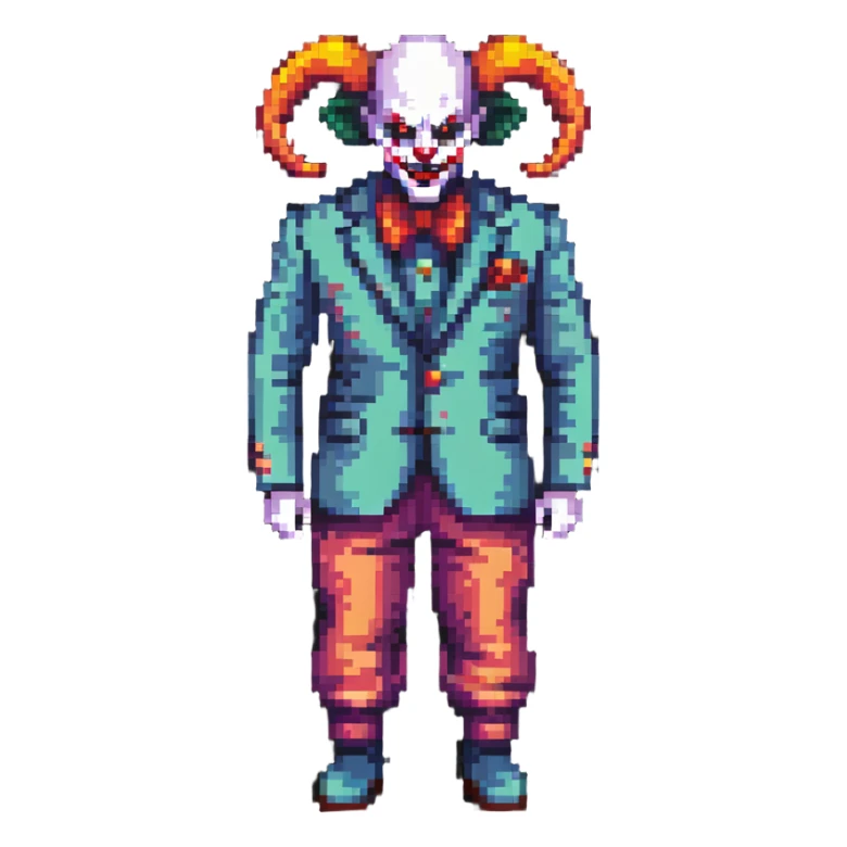demonic clown wearing a leisure suit, bald with ram horns sticker