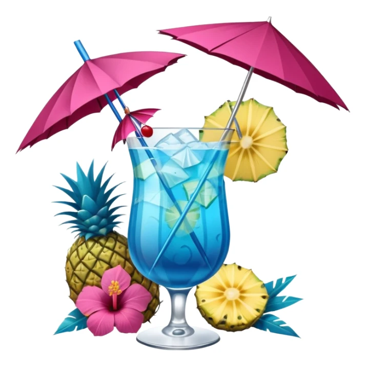 vibrant tropical fruity blue cocktail with hibiscus, pineapple slice, and paper umbrella garnish sticker