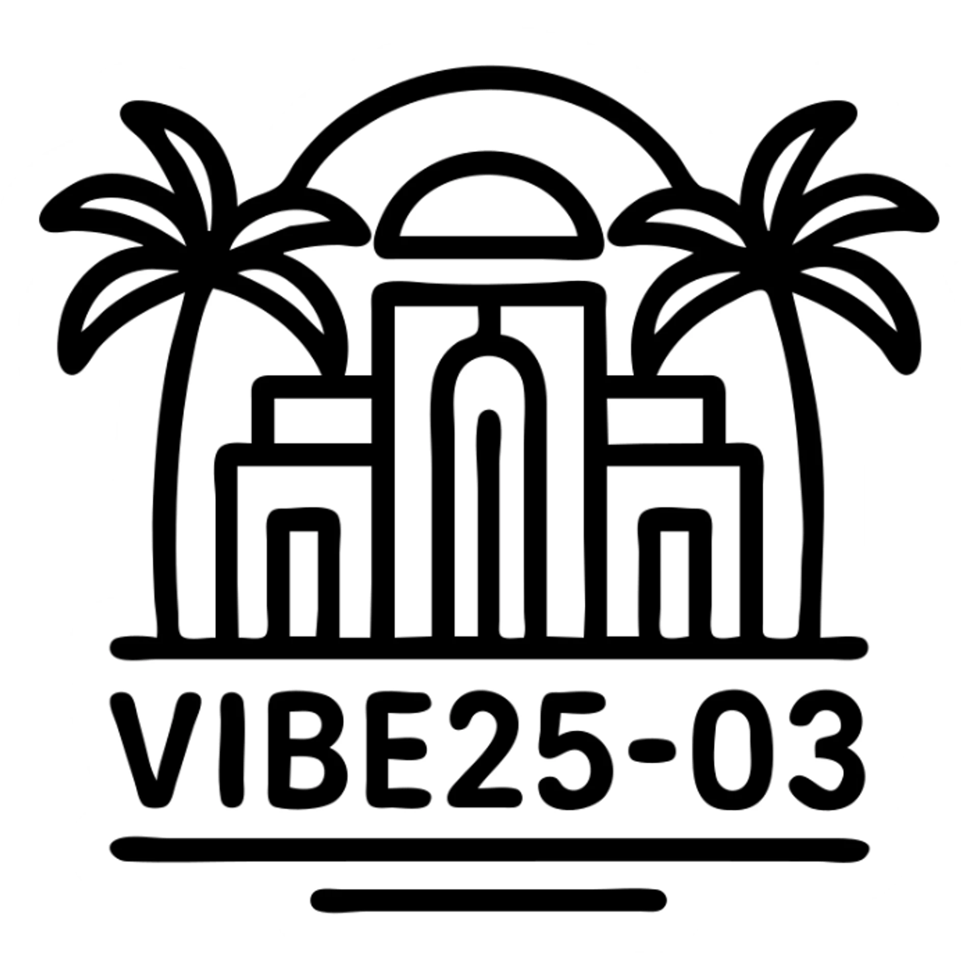 Make this VIBE25-03 logo more Miami Vice inspired by adding 80's Miami palm trees, art deco shapes, and a cool, stylish retro summer vibe, keeping it black and white with no background. sticker