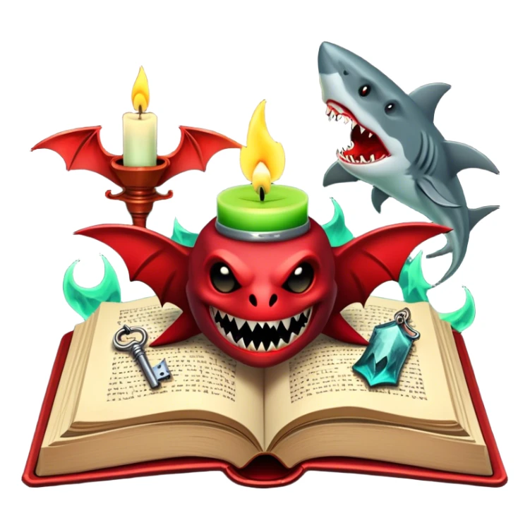 Icon for Horror & Mystery Reading: an open book with eerie glowing symbols, from which rise Dracula with fangs, flying bats, a zombie hand, and a lurking shark with sharp teeth. Surrounding elements include a flickering candle and an old key. Transparent background. sticker