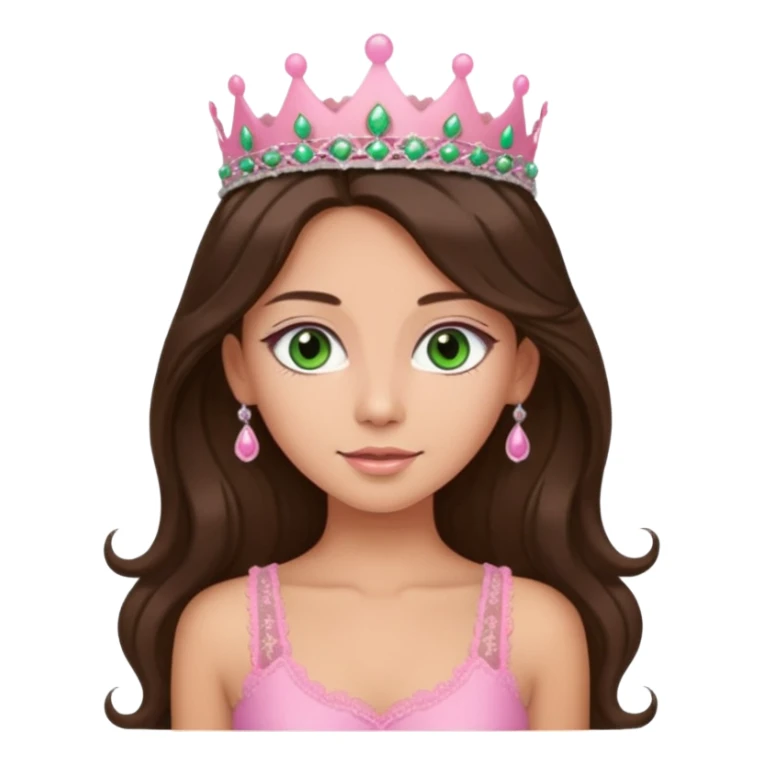 super long haired brunette with middle part cute pink lacy tank with a pink tiara on head, white but tan green eyes  sticker