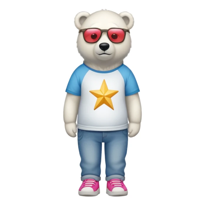 friendly anthropomorphised polar bear standing upright, looking chilled and unbothered, wearing a shirt, jeans, trainers, oversized colorful star glasses sticker