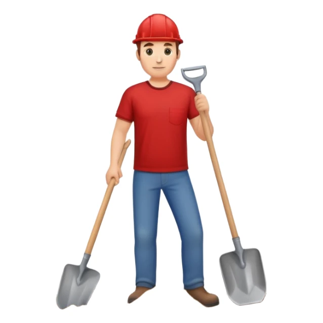 man digging with a shovel, wearing a red shirt sticker