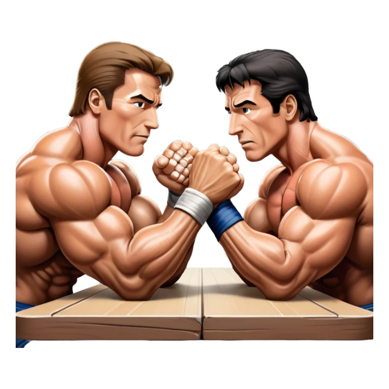 Arnold Schwarzenegger VS Sylvester Stallone from 'Over the Top,' locked in an arm wrestling battle, using only their right hands. Their left hands rest on the table. Both display immense strength, with muscular arms flexing, under bright competition lights. Transparent background. sticker