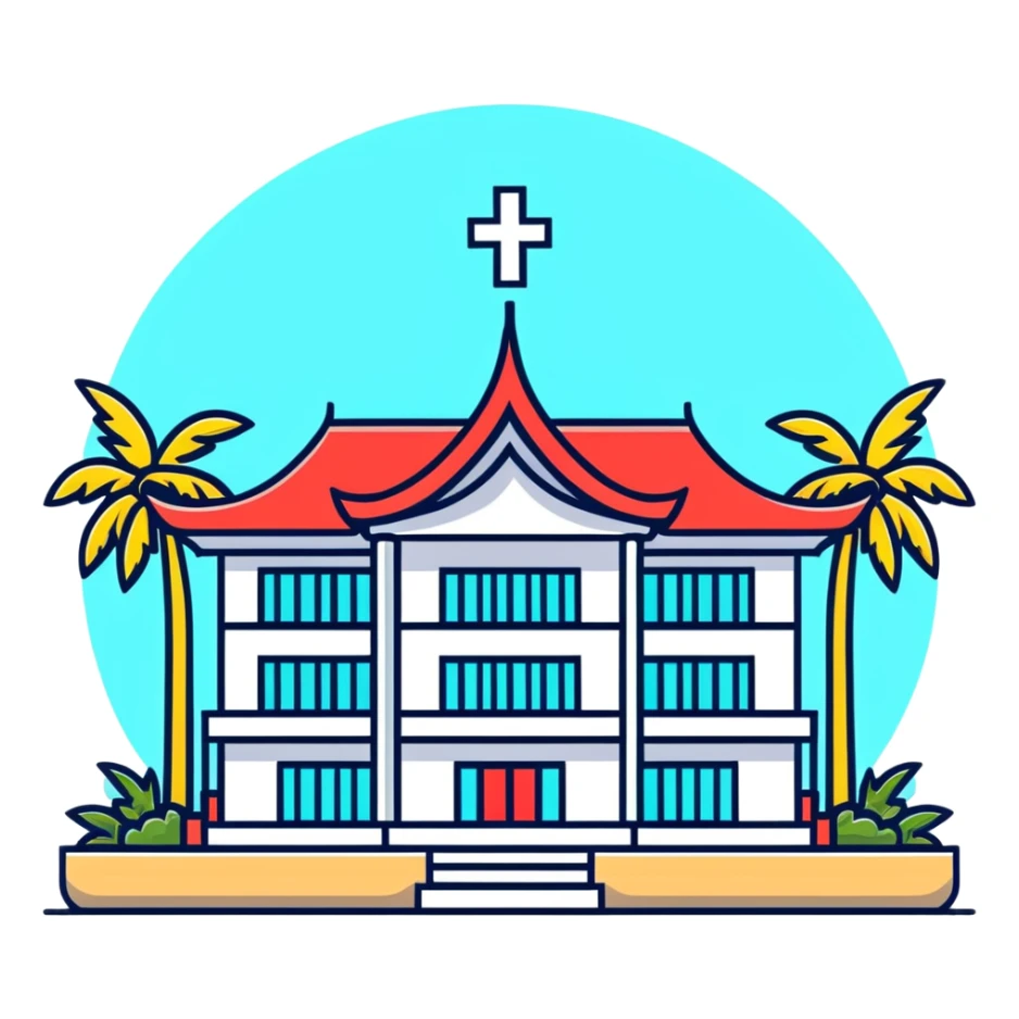 Modern Thai hospital building with traditional Thai roof elements, medical cross symbol, palm trees sticker