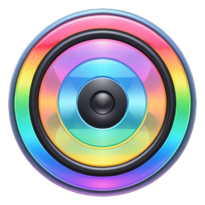 A speaker emoji 🔊 with a smooth CD-like surface that reflects rainbow iridescent colors, glowing RGB light ring around the edge, shiny plastic body, prismatic reflections shifting across the front, soft sparkles and light gleams, holographic sheen, clean simple shape, bright colorful highlights sticker