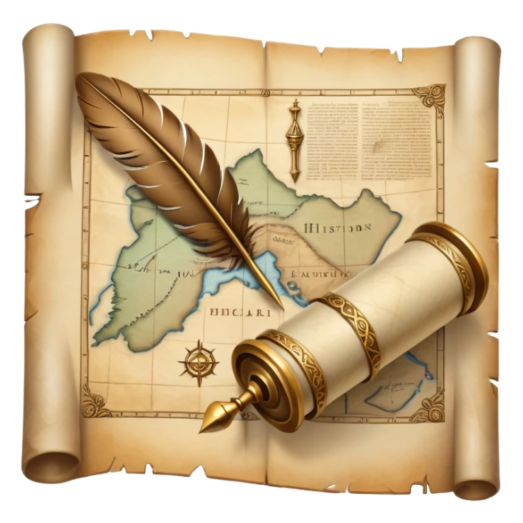 An icon featuring an ancient scroll, a quill, and a historical artifact like a shield or coin. The design includes a backdrop of old maps and timelines, symbolizing the study of past events and civilizations. Transparent background highlights the exploration of history. sticker