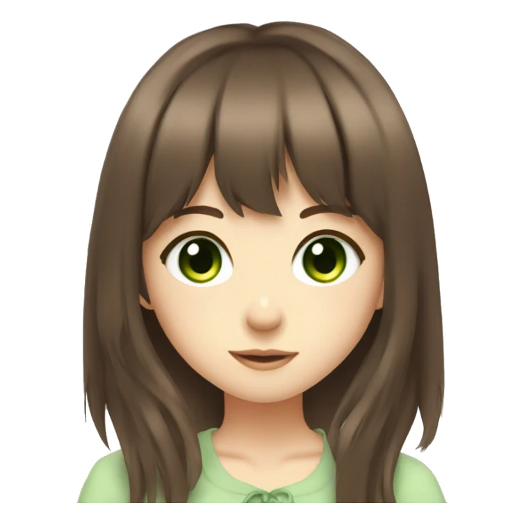 anime girl with brown hair with bangs and green eyes sticker