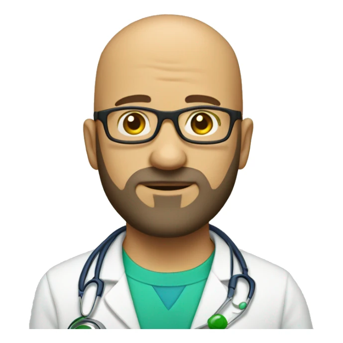 bald man with dark scruff, and blue eyes, and bright yellow stethoscope, and green glasses sticker