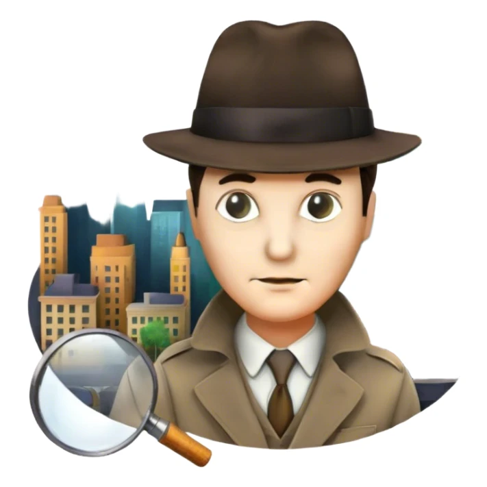 Icon for Detective Movies: A colorful collage featuring iconic detective elements—magnifying glass, a fedora hat, a cigarette, a shadowy figure, and a mysterious city backdrop. Include subtle clues like fingerprints or a crime scene. Retro movie poster style. Transparent background. sticker