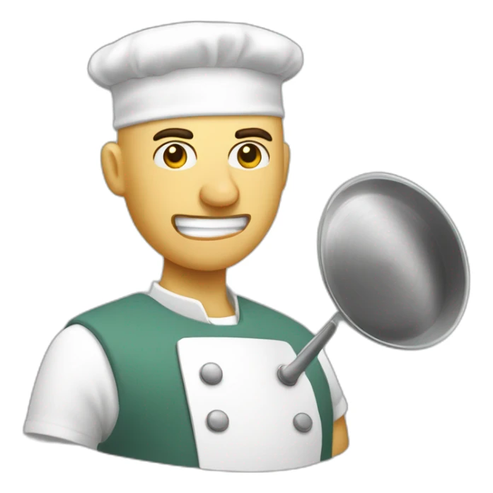 Canteen staff angry enrobed bald with ladle sticker