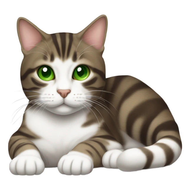 Dark brown and white Tabby Cat laying on the side with green eyes sticker