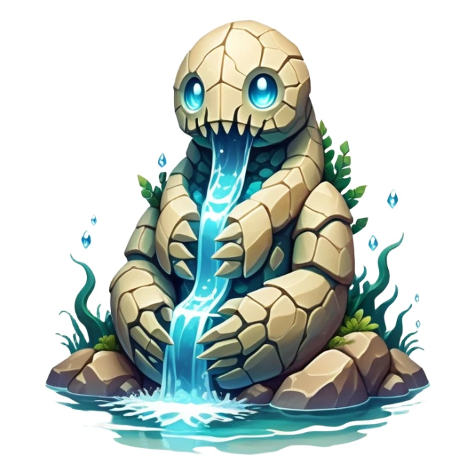 Design a unique elemental sandstone guardian golem creature that combines the crystalline rock golem's defensive fortitude with the spectral water serpent's fluid grace, perhaps creating a being with a segmented stone core that flows like water and channels ghostly aquatic energy through embedded gems. fluorescent bioluminescence between the cracks sticker