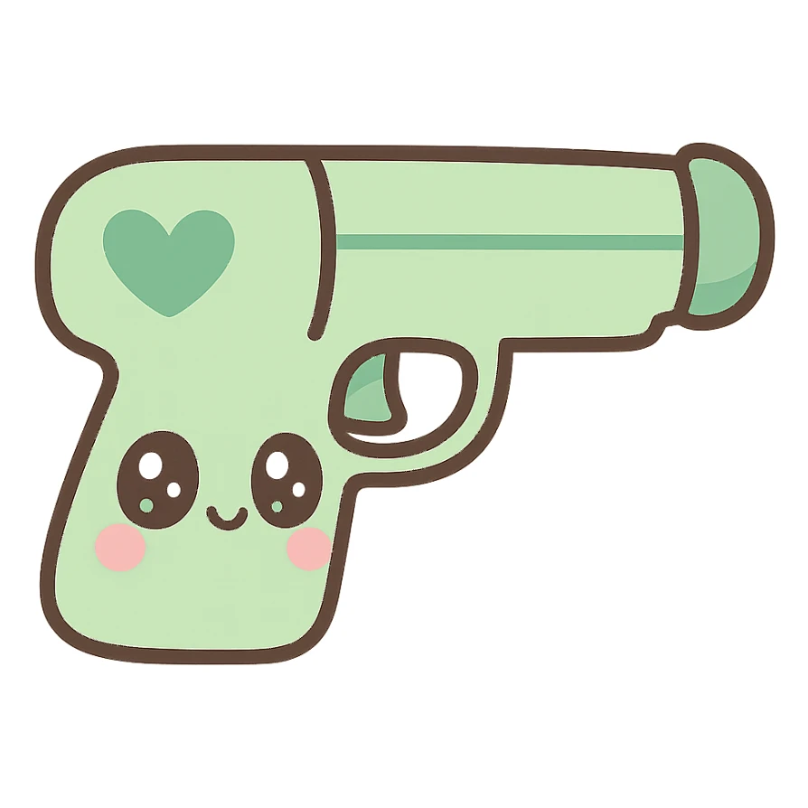 green heart pistol, kawaii style, cute face on the handle, big eyes sticker