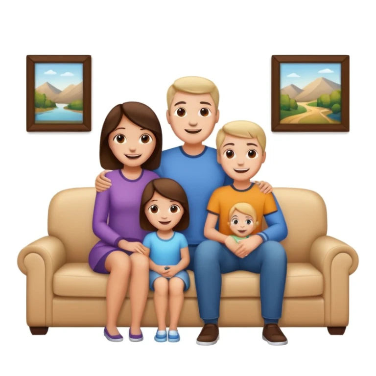 family posing for photo, living room background sticker