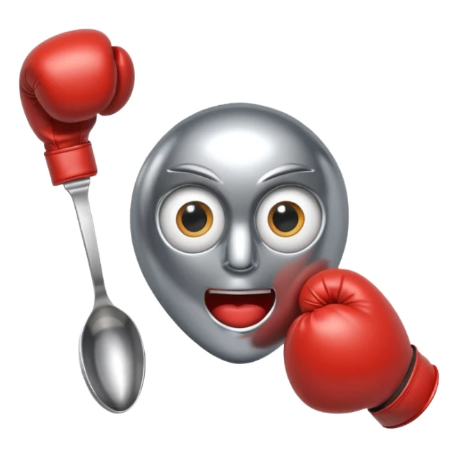 a spoon where the body is the handle, with eyes and boxe gloves sticker