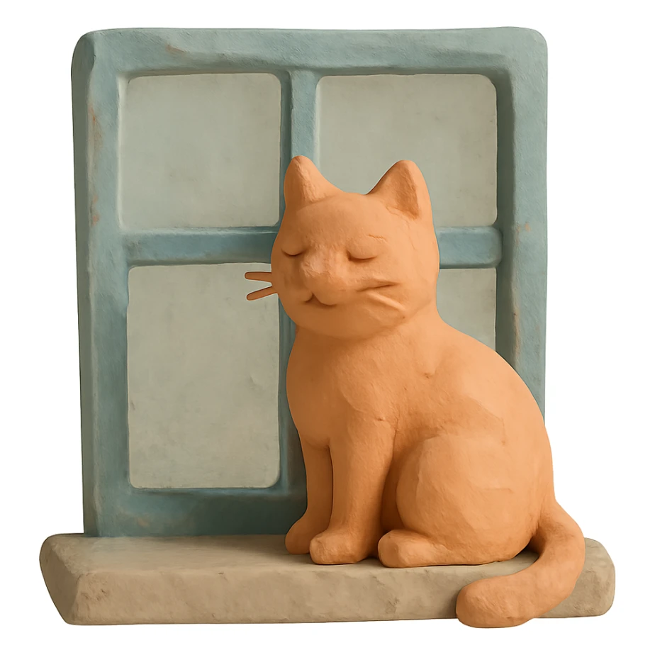 cat sitting on a windowsill, visible fingerprints, soft lighting, pastel colors, matte plasticine claymation style sticker