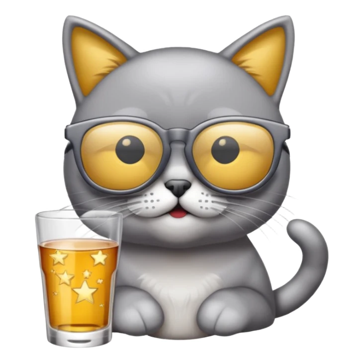 Fait un chat gris avec des lunettes de stars et avec un verre d alcool sticker